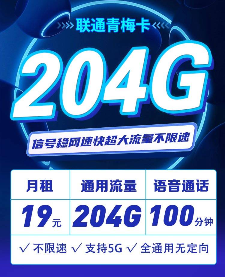 联通青梅卡19元204G通用流量+100分钟通话  第1张