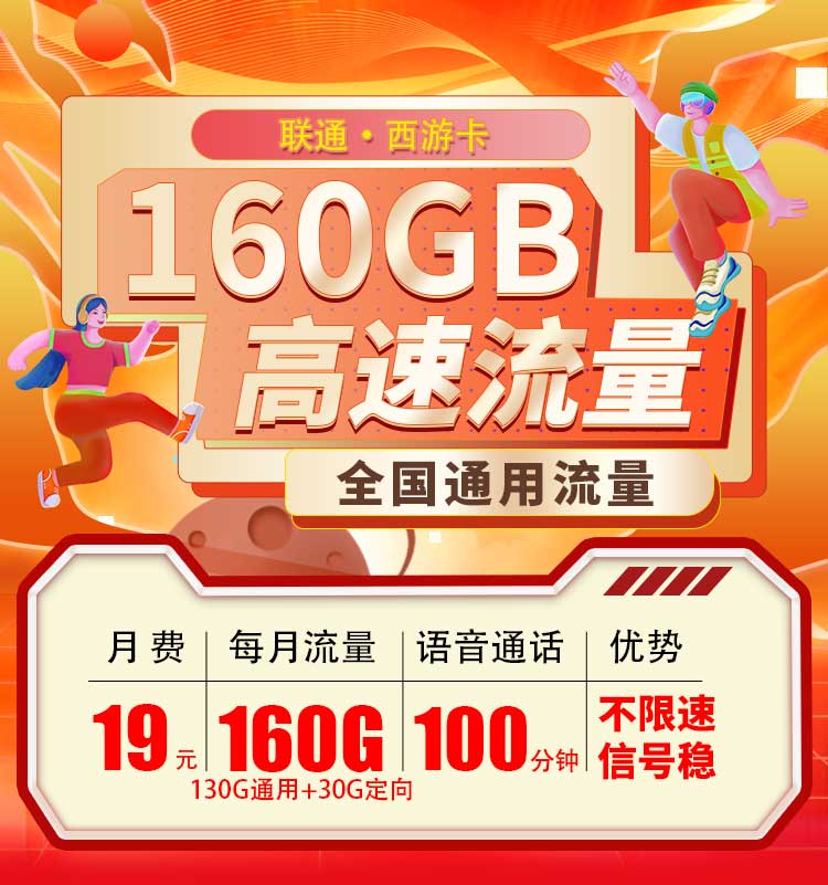 陕西联通西游卡19元160G+100分钟  第1张