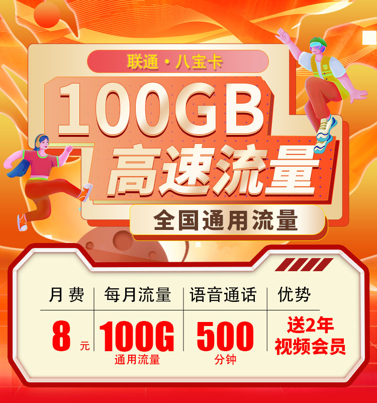 联通八宝卡8元100G+500分钟+视频会员两年  第1张