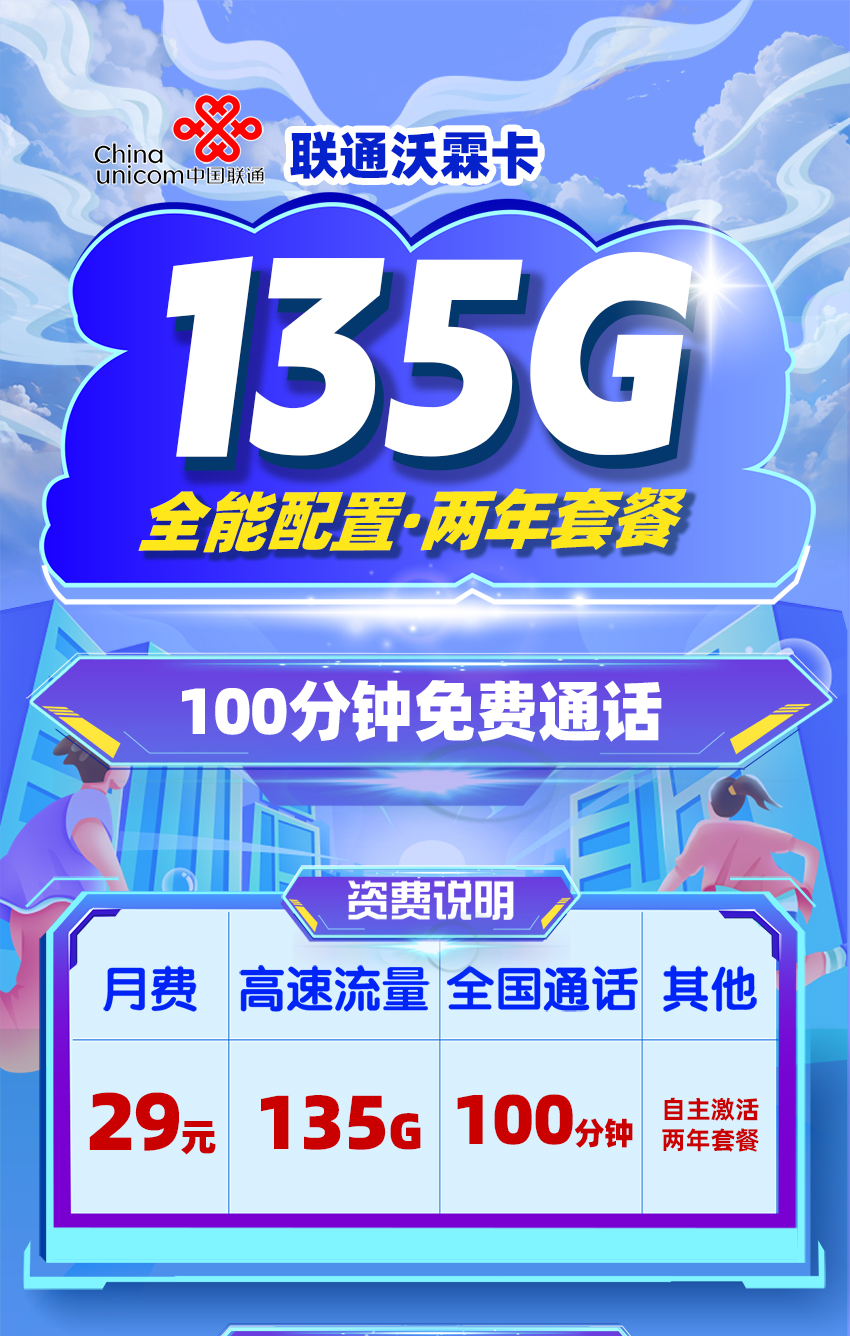 联通沃霖卡29元/月享135G全国通用流量+100分钟通话  第1张