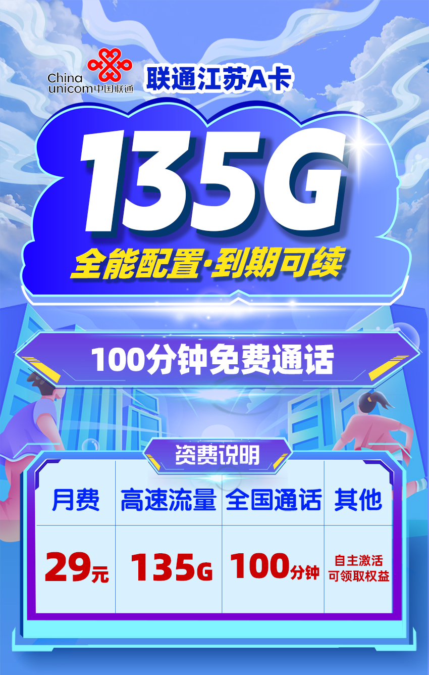 联通江苏A卡29元/月享135G全国通用流量+100分钟通话  第1张