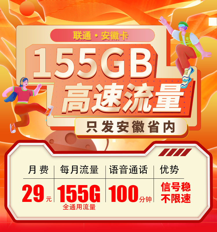 联通安徽卡29元155G+100分钟  第1张