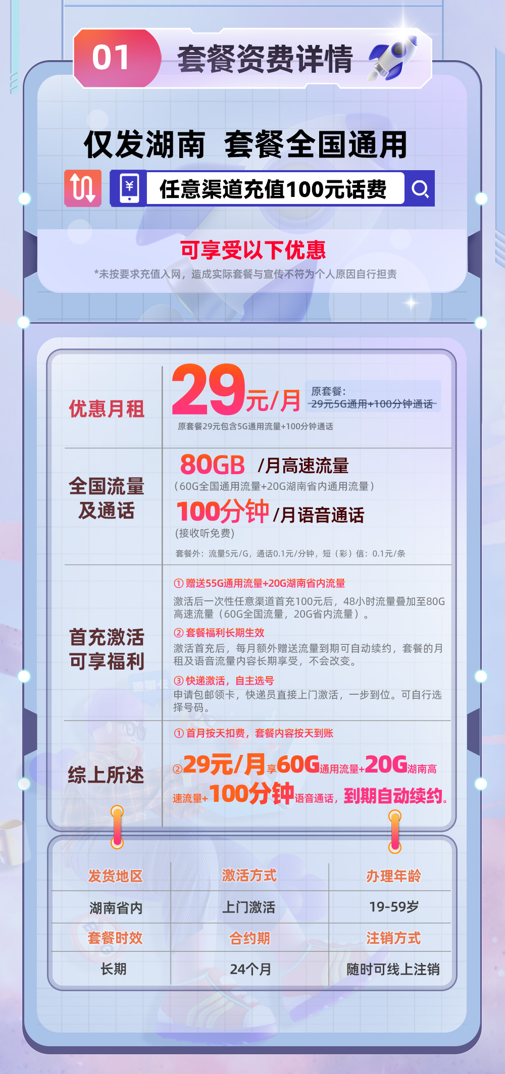 联通湖南A卡29元/月享60G通用流量+20G湖南省内流量+100分钟通话  第2张
