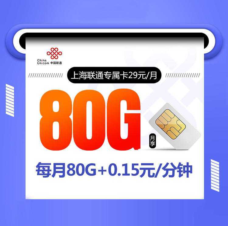 上海联通专属卡29元80G+通话0.15【 只发上海】